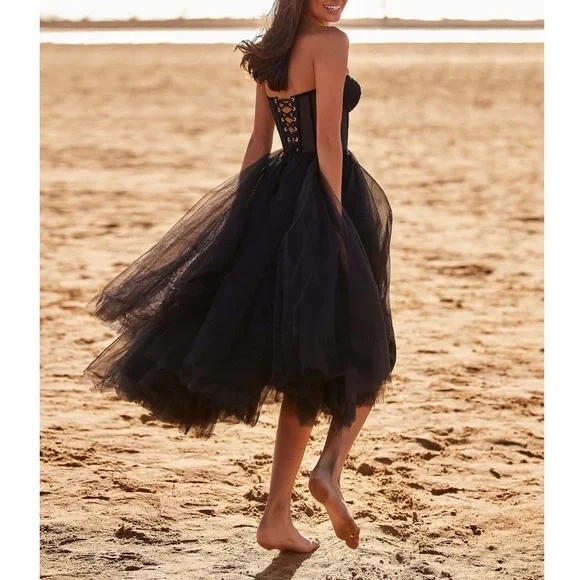 Milla Black One-Shoulder Cocktail Mesh Tulle Luxurious A-line midi Dress - Picture 5 of 8